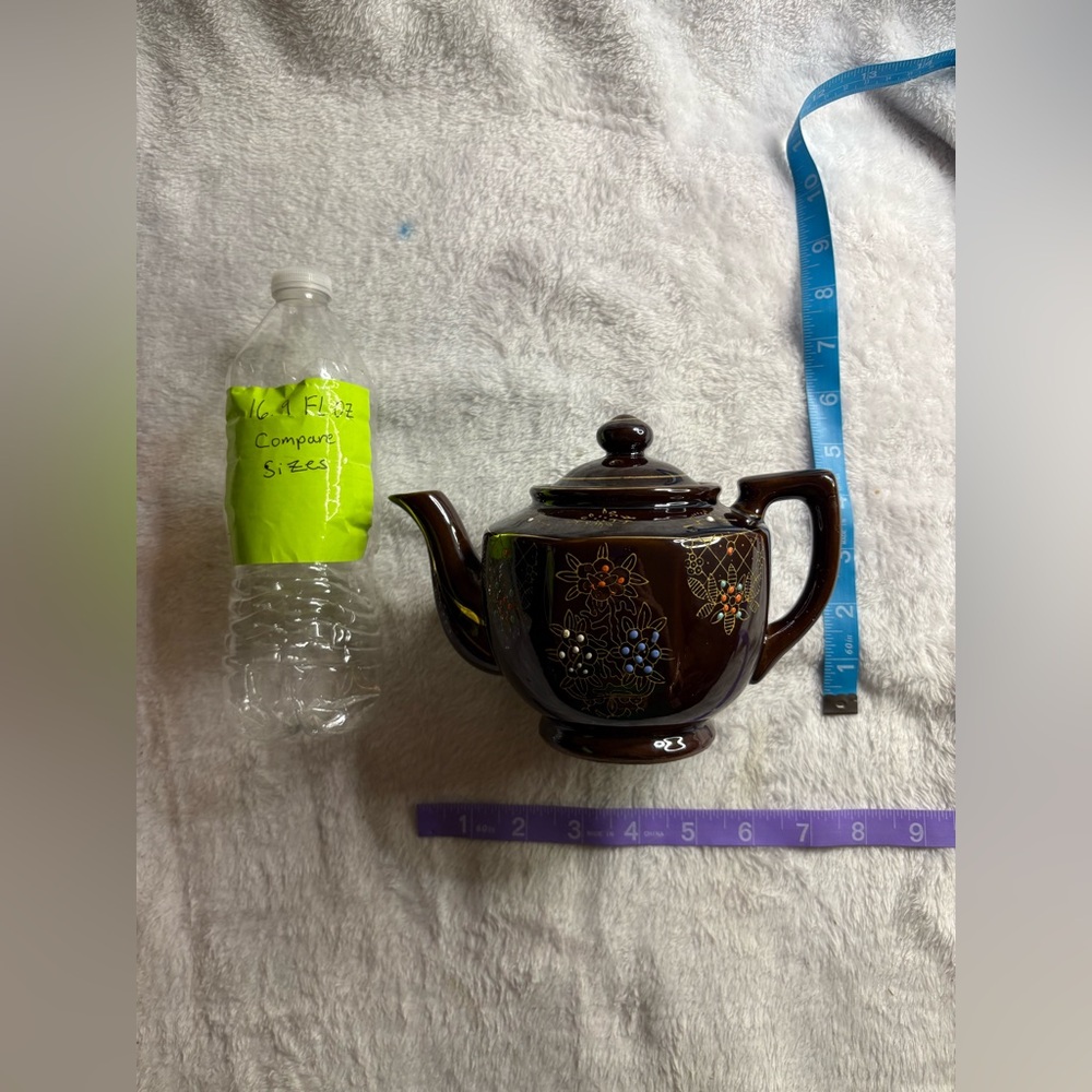 Brown Tea Pot Hand Painted Home Decor Floral Ceramic 6” Royalty 13.7oz Fancy Fun - Picture 13 of 14
